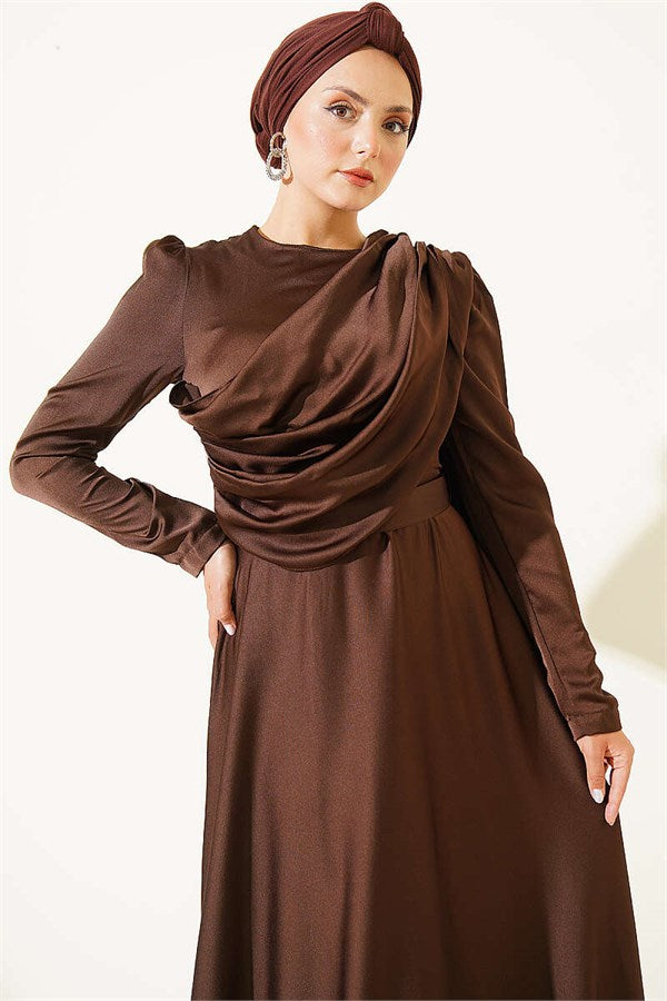 Satin Evening Dress with Cape from the Shoulder, Brown
