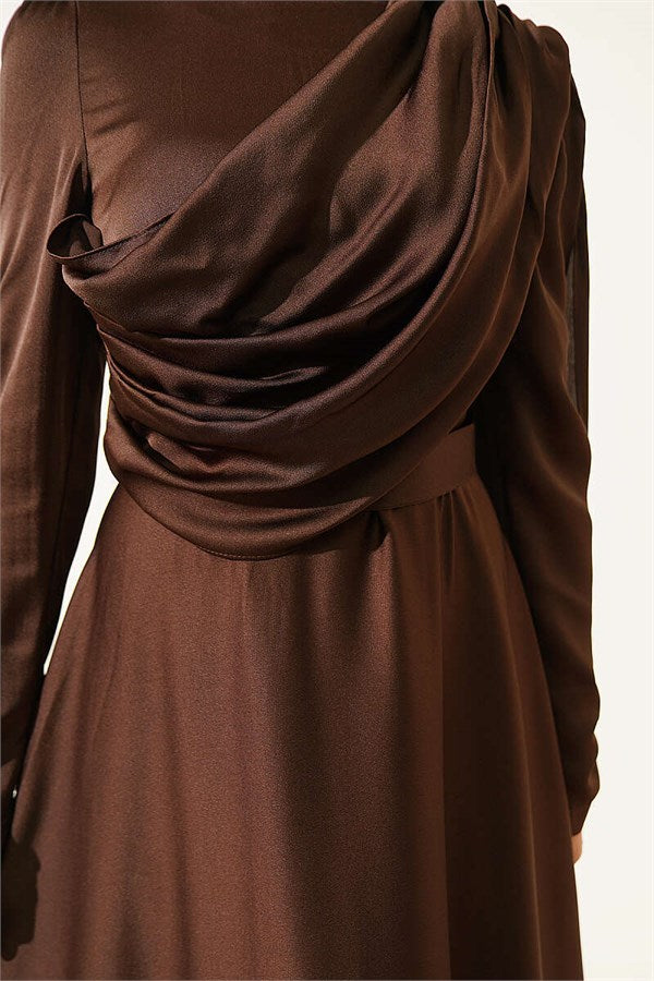 Satin Evening Dress with Cape from the Shoulder, Brown