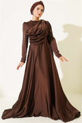 Satin Evening Dress with Cape from the Shoulder, Brown