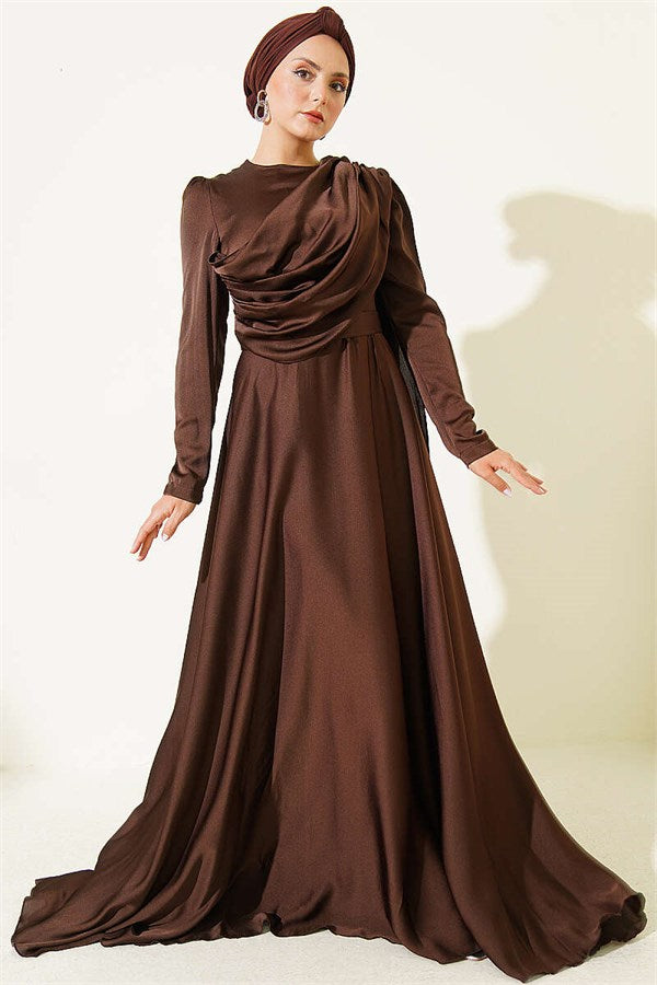 Satin Evening Dress with Cape from the Shoulder, Brown