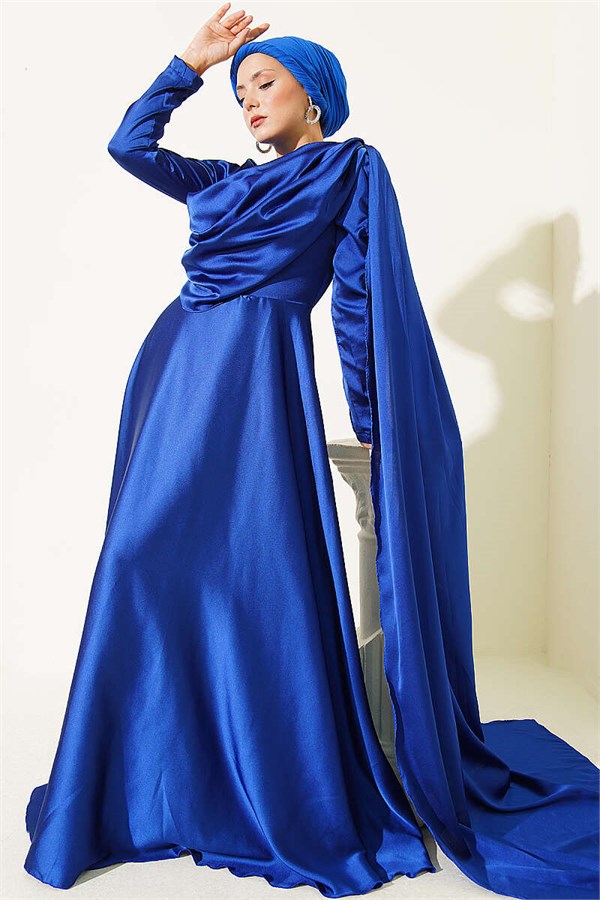 Satin Evening Dress with Cape from the Shoulder, Navy Blue