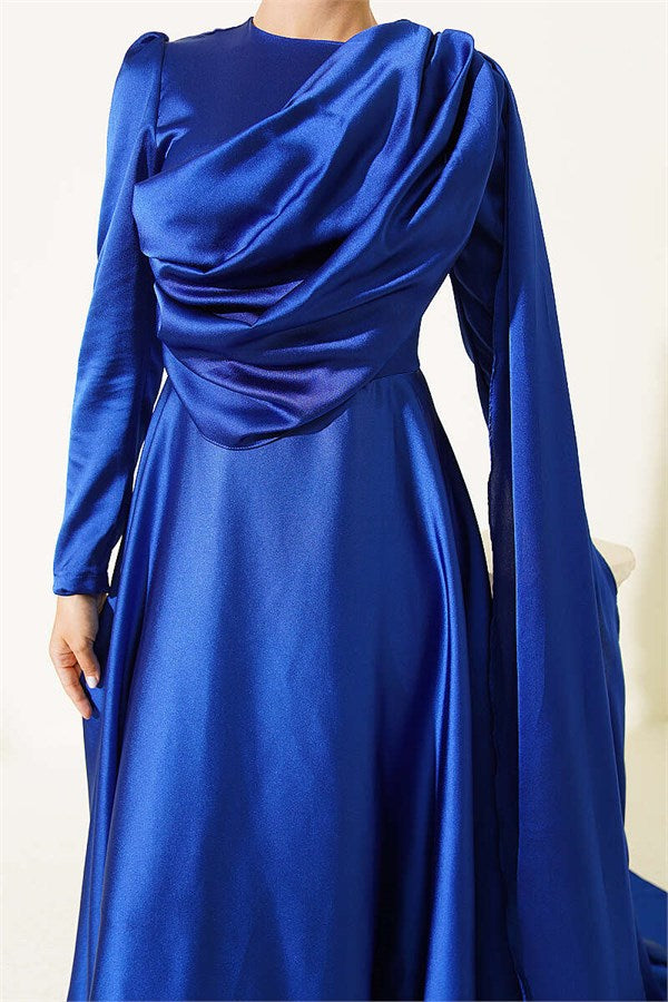 Satin Evening Dress with Cape from the Shoulder, Navy Blue