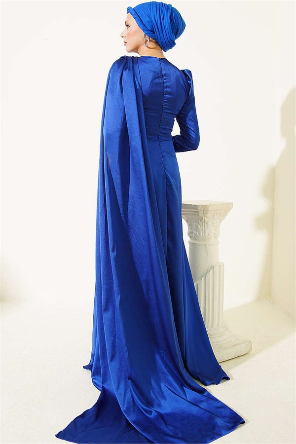 Satin Evening Dress with Cape from the Shoulder, Navy Blue