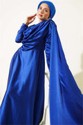 Satin Evening Dress with Cape from the Shoulder, Navy Blue