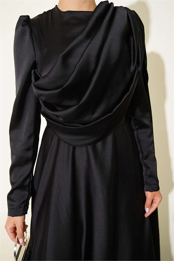 Black Satin Evening Dress with Cape from the Shoulder