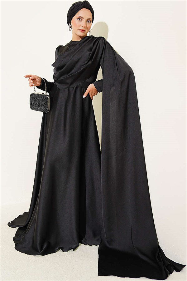 Black Satin Evening Dress with Cape from the Shoulder