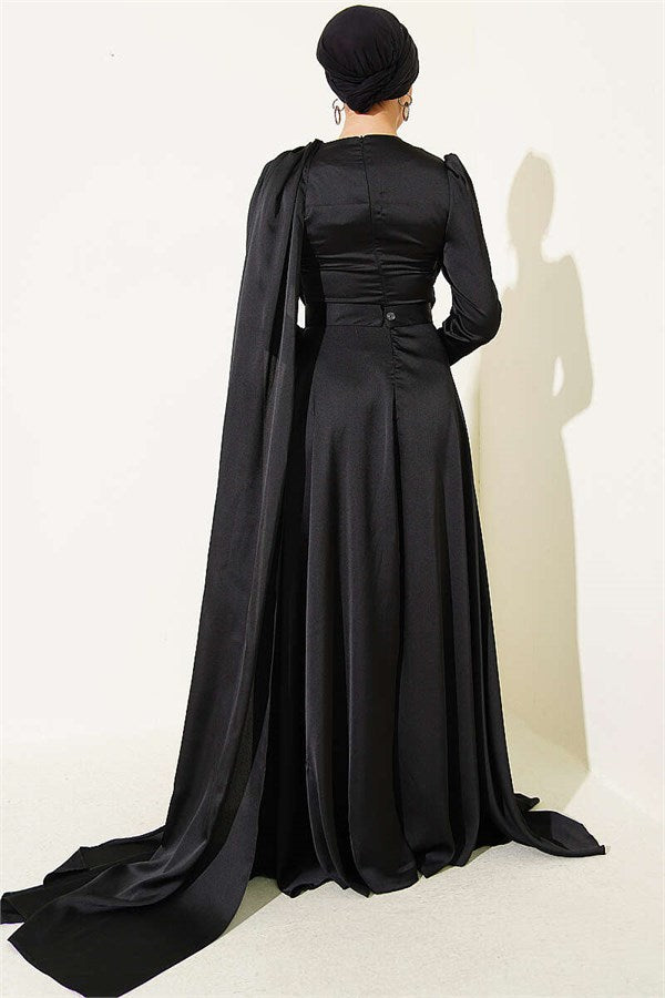 Black Satin Evening Dress with Cape from the Shoulder