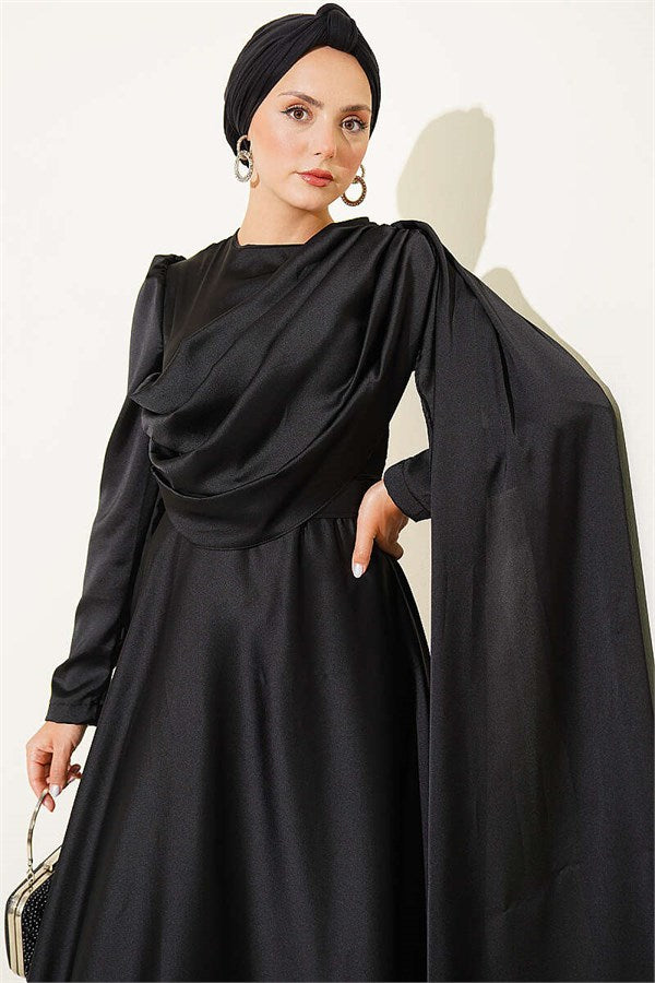 Black Satin Evening Dress with Cape from the Shoulder