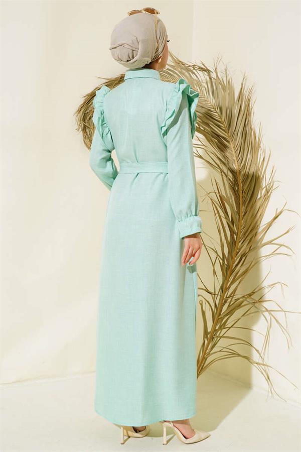 Linen Dress with Ruffle Shoulders Mint