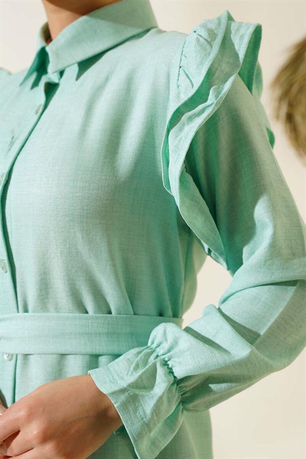 Linen Dress with Ruffle Shoulders Mint