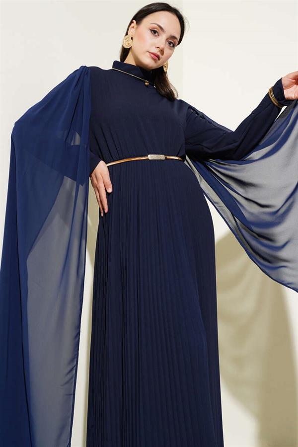 Chiffon Cape Dress with Shoulders Navy Blue
