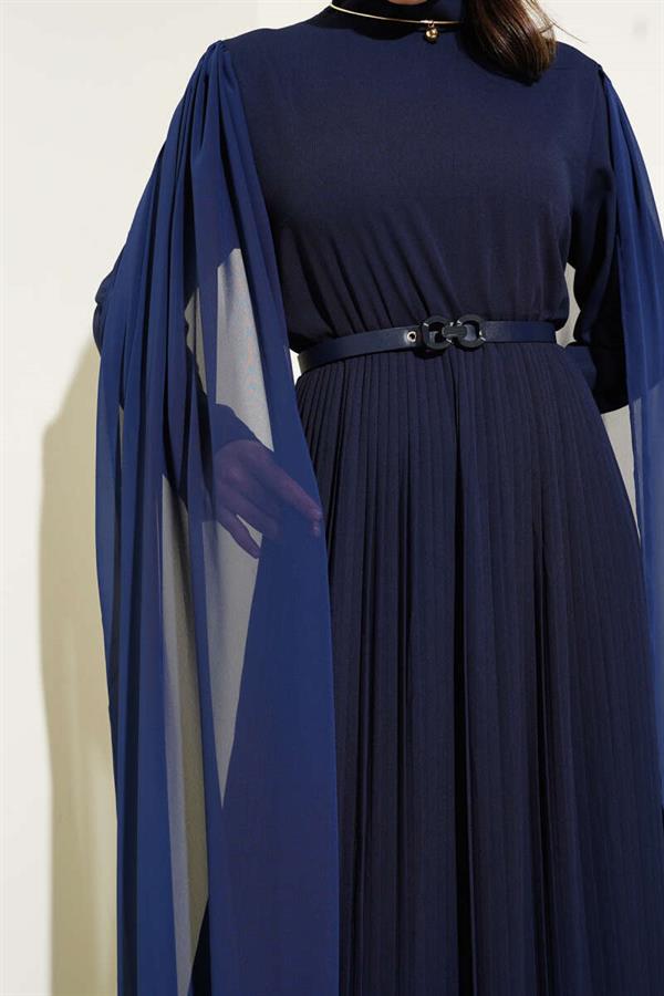 Chiffon Cape Dress with Shoulders Navy Blue