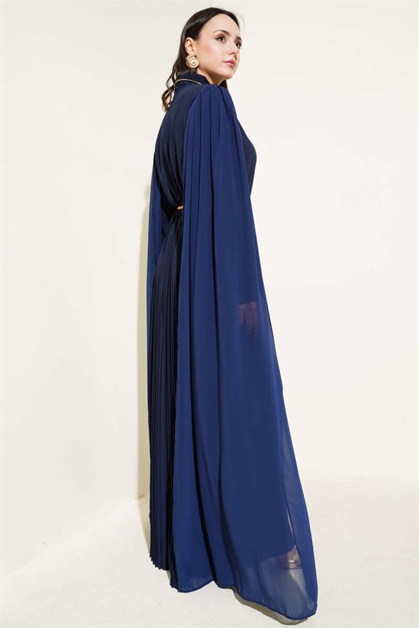Chiffon Cape Dress with Shoulders Navy Blue