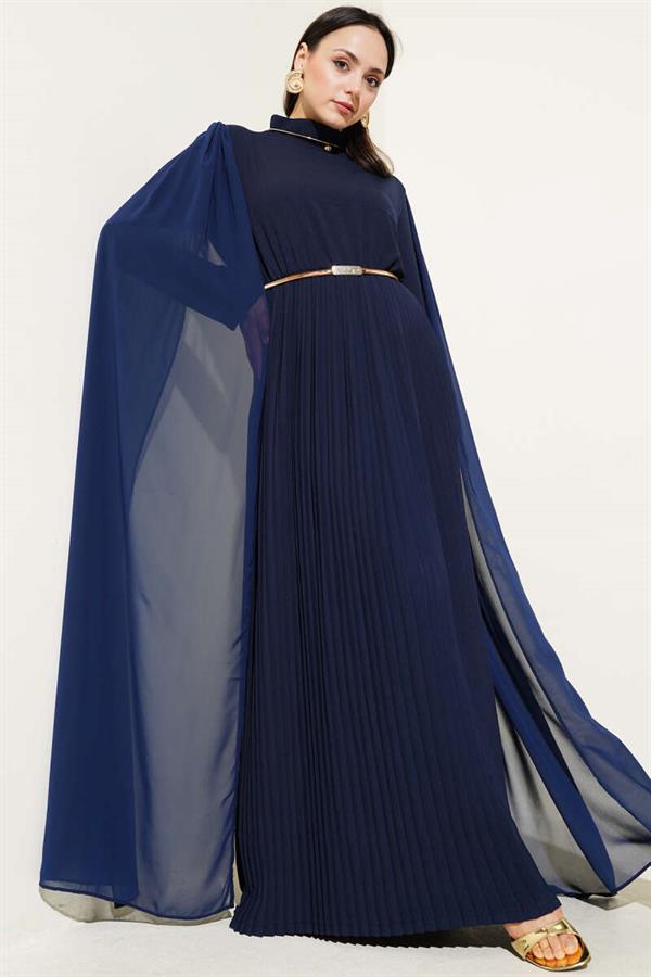 Chiffon Cape Dress with Shoulders Navy Blue