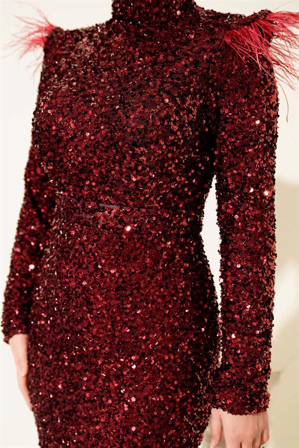 Sequin Evening Dress with Feathered Shoulders, Burgundy