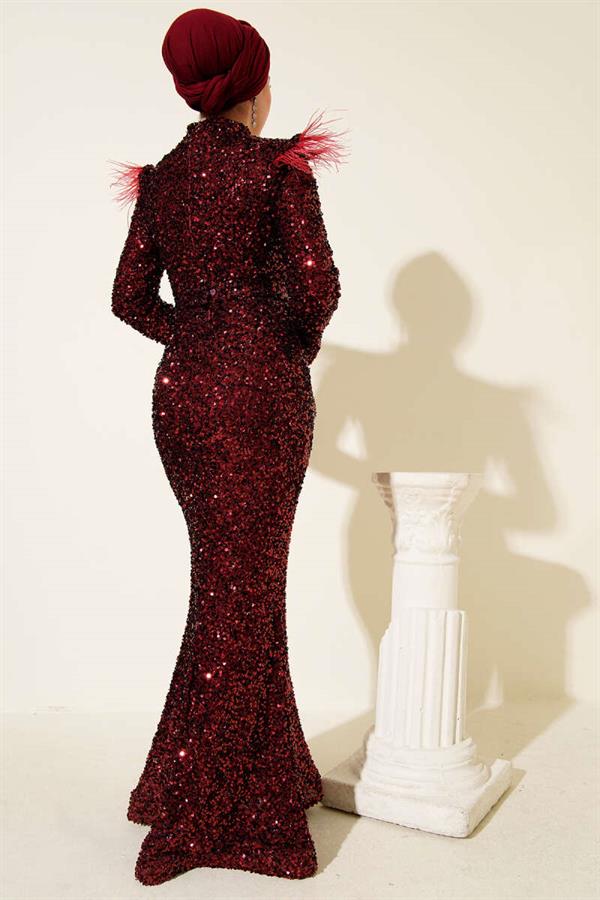Sequin Evening Dress with Feathered Shoulders, Burgundy