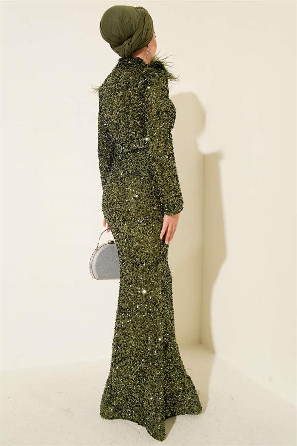 Sequin Evening Dress Khaki with Feathered Shoulders