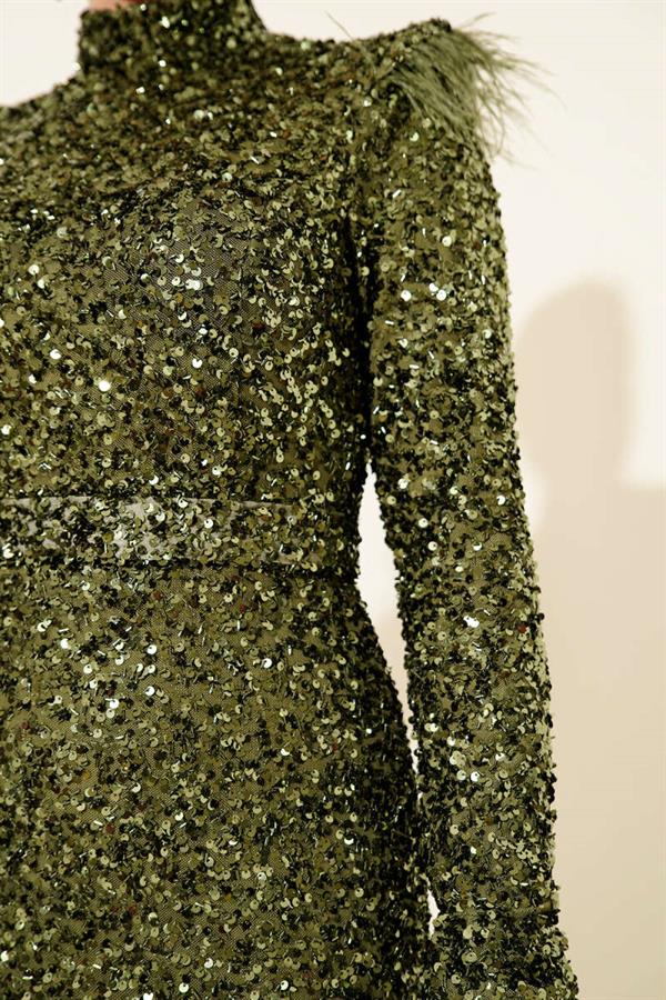 Sequin Evening Dress Khaki with Feathered Shoulders