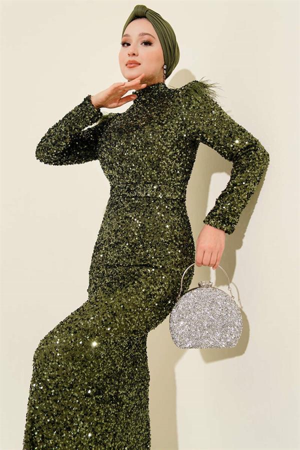 Sequin Evening Dress Khaki with Feathered Shoulders