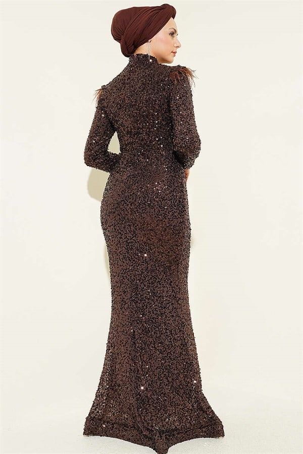 Feathered Shoulder Sequin Evening Dress in Brown