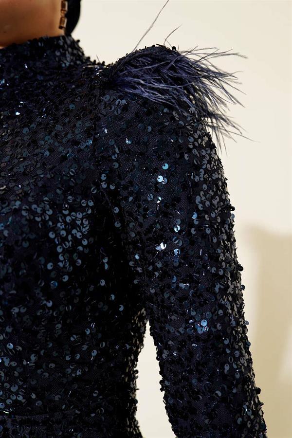 Sequin Evening Dress with Feathered Shoulders, Navy Blue