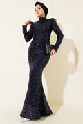 Sequin Evening Dress with Feathered Shoulders, Navy Blue