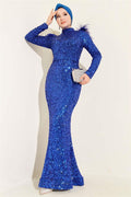 Sequin Evening Dress with Feathered Shoulders in Saxe
