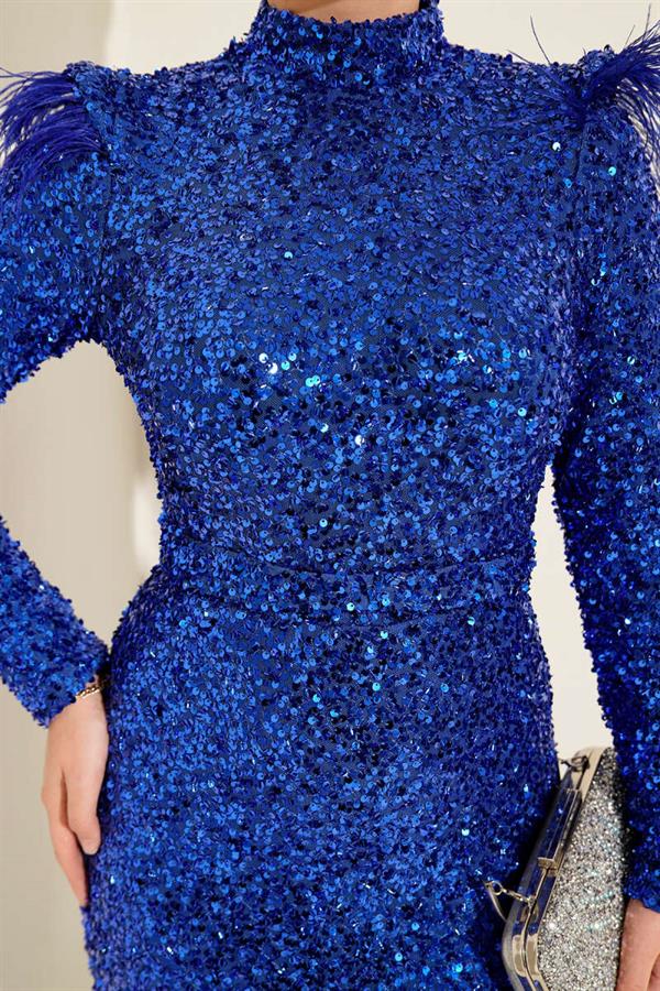 Sequin Evening Dress with Feathered Shoulders in Saxe