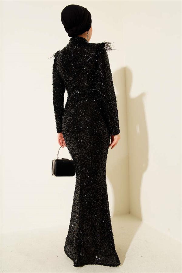 Sequin Evening Dress with Feathered Shoulders, Black