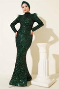 Sequin Evening Dress with Feathered Shoulders, Emerald Green
