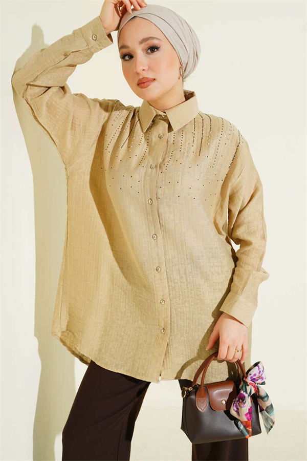 Beige Shirt with Stone Trim on Shoulders