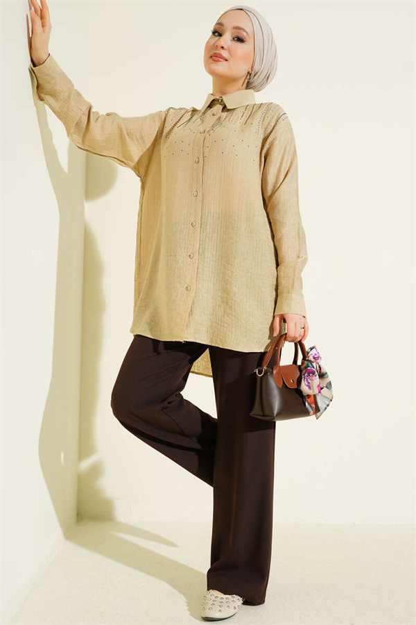 Beige Shirt with Stone Trim on Shoulders