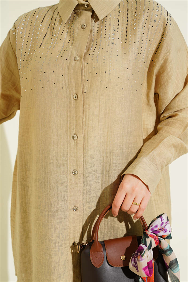 Beige Shirt with Stone Trim on Shoulders