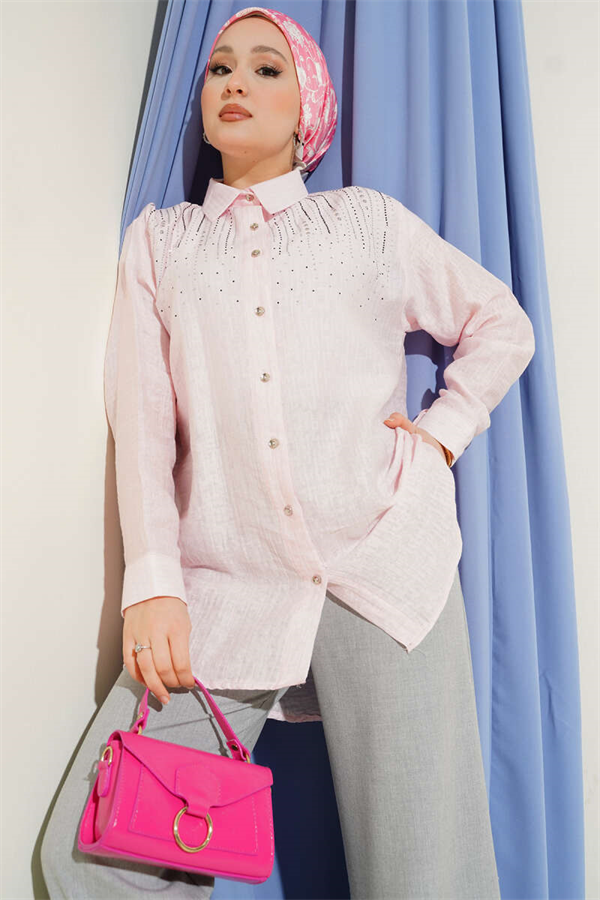 Pink Shirt with Stone Embellished Shoulders