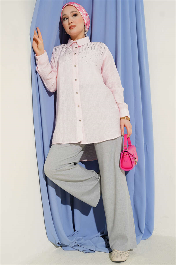 Pink Shirt with Stone Embellished Shoulders