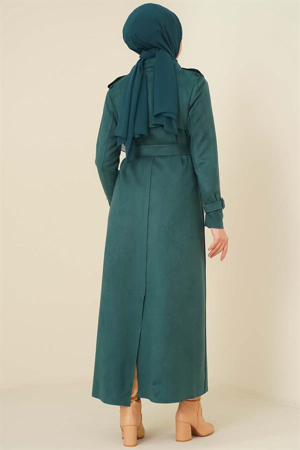 Epaulette Shoulder Suede Trench Coat Emerald Green