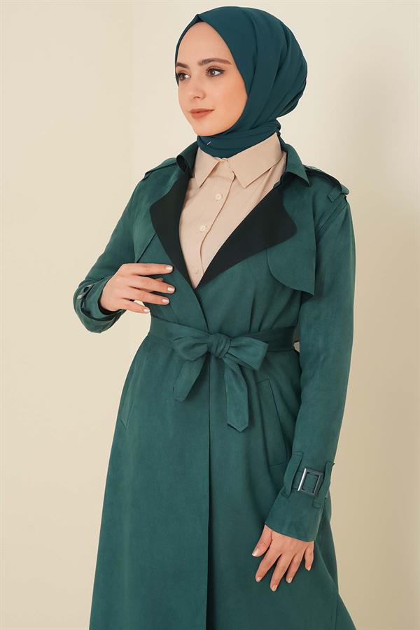 Epaulette Shoulder Suede Trench Coat Emerald Green