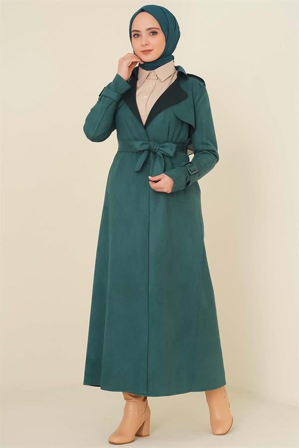 Epaulette Shoulder Suede Trench Coat Emerald Green