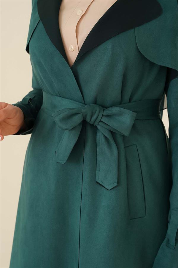 Epaulette Shoulder Suede Trench Coat Emerald Green