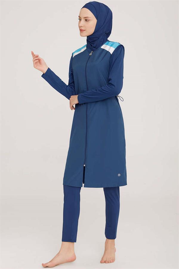 Shoulder Stripe Detailed Hijab Burkini Light Navy Blue