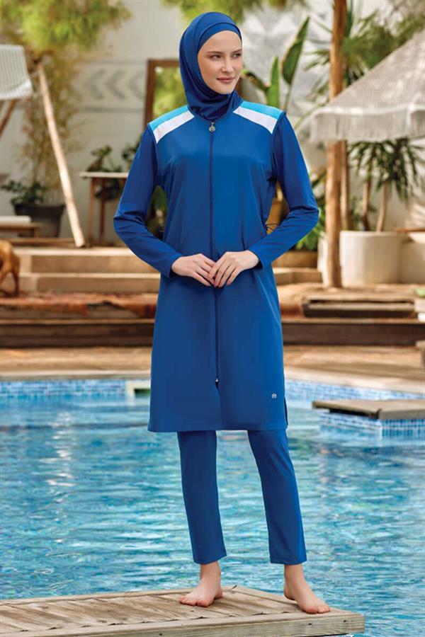 Shoulder Stripe Detailed Hijab Burkini Light Navy Blue