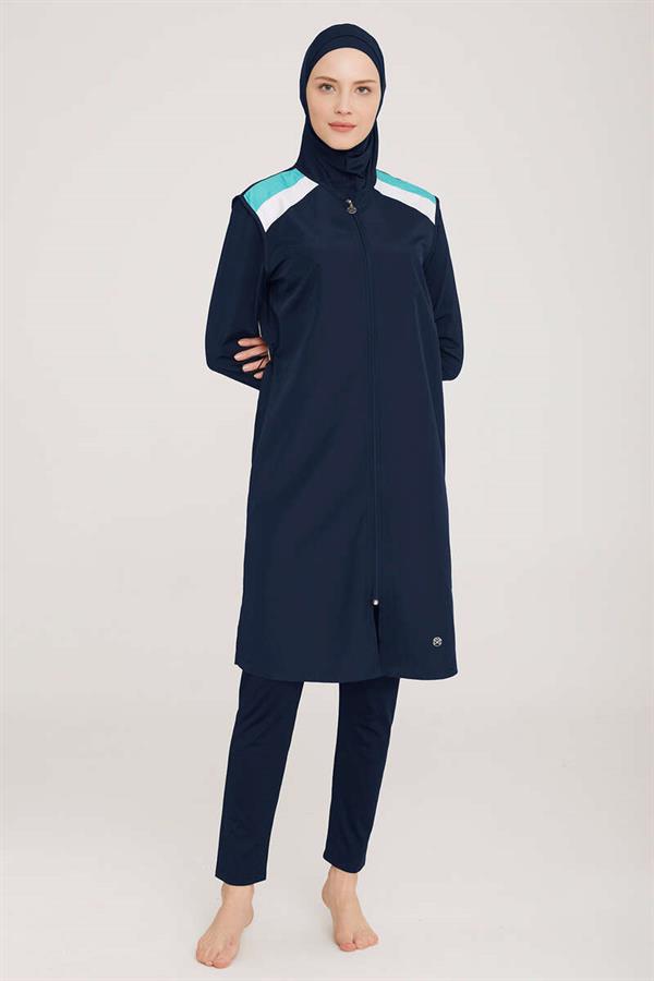 Shoulder Stripe Detailed Hijab Burkini Dark Navy Blue