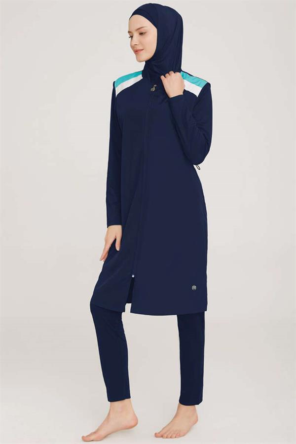 Shoulder Stripe Detailed Hijab Burkini Dark Navy Blue