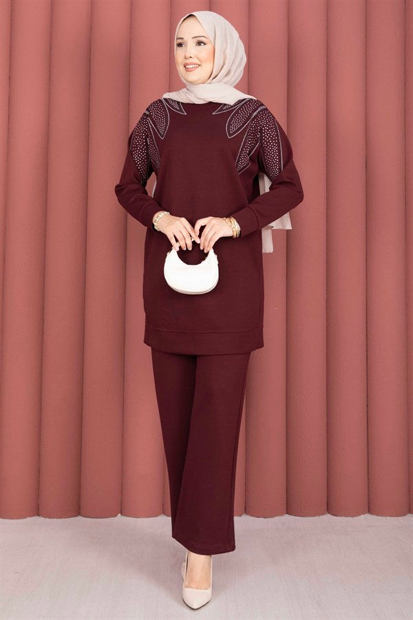 Tunic and Pants Set with Stone Embellishment on the Shoulder, Burgundy
