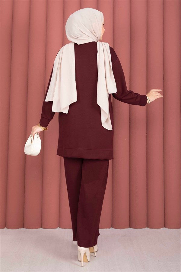 Tunic and Pants Set with Stone Embellishment on the Shoulder, Burgundy