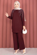 Tunic and Pants Set with Stone Embellishment on the Shoulder, Burgundy