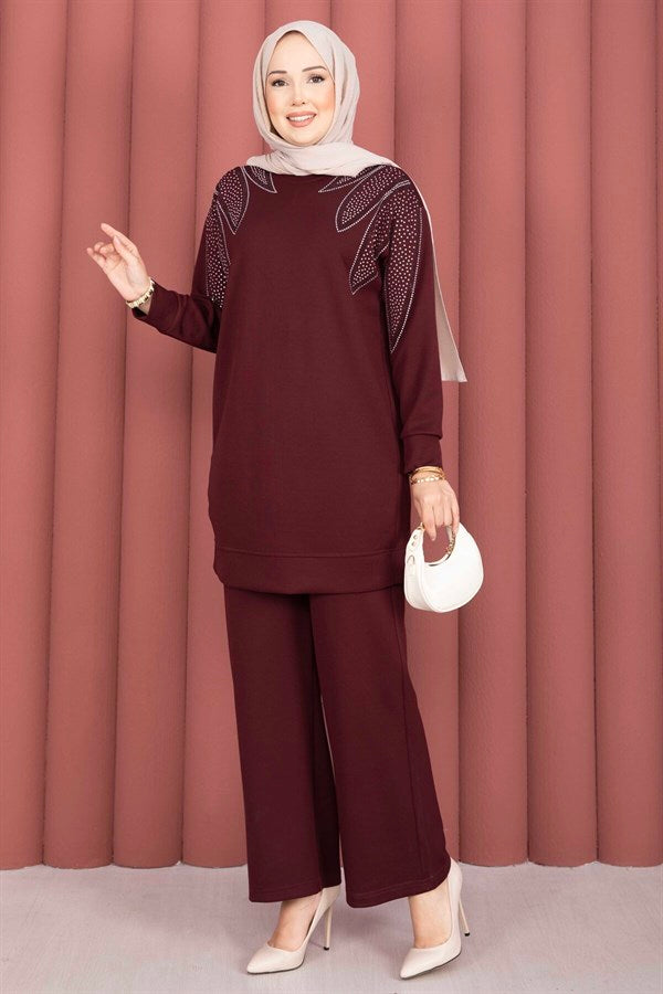 Tunic and Pants Set with Stone Embellishment on the Shoulder, Burgundy