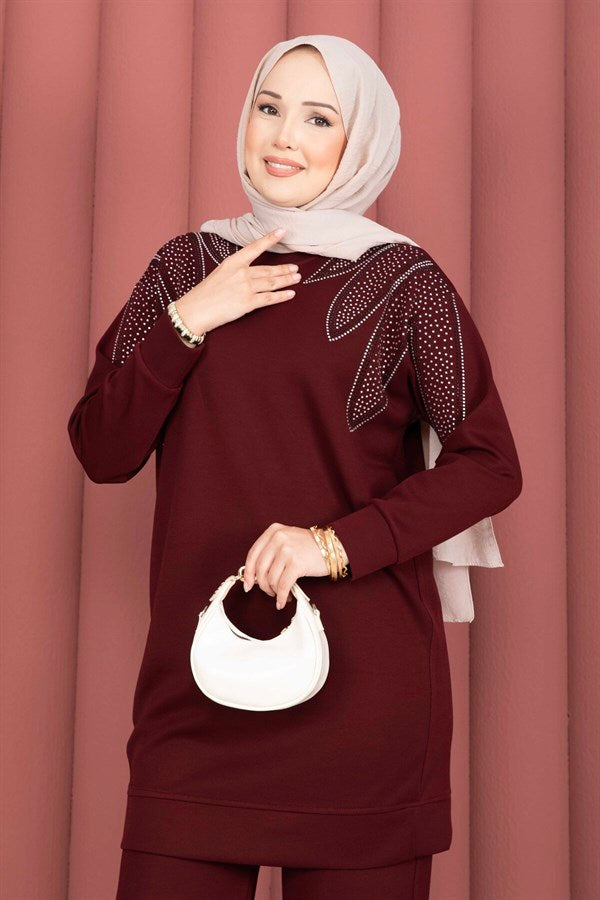 Tunic and Pants Set with Stone Embellishment on the Shoulder, Burgundy