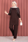 Shoulder Embellished Tunic and Pants 2 Piece Set in Coffee Brown