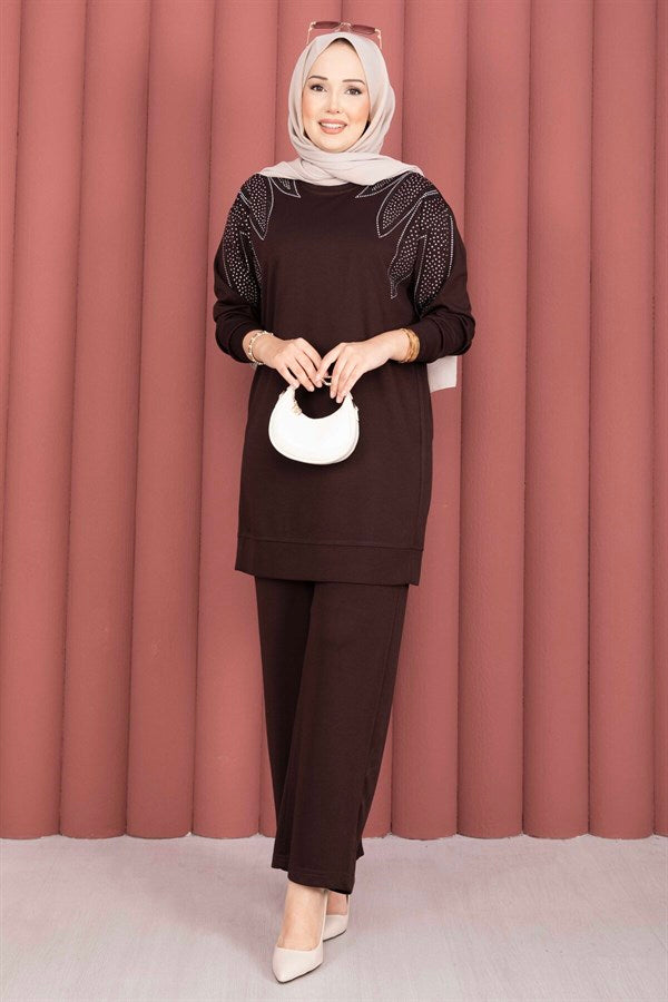 Shoulder Embellished Tunic and Pants 2 Piece Set in Coffee Brown